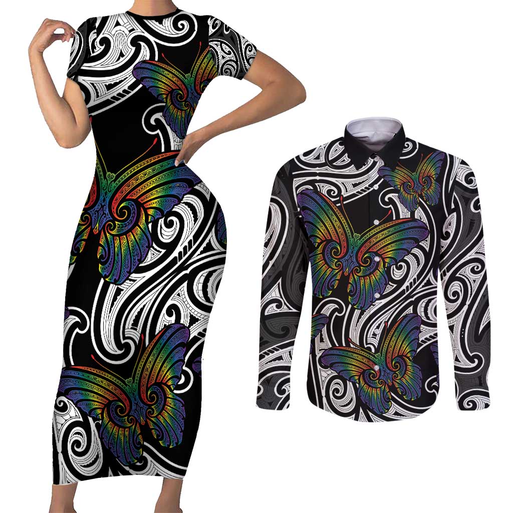 Aotearoa Takatapui Pride Couples Matching Short Sleeve Bodycon Dress and Long Sleeve Button Shirt Rainbow Butterfly - Free To Love LT7 Black - Polynesian Pride