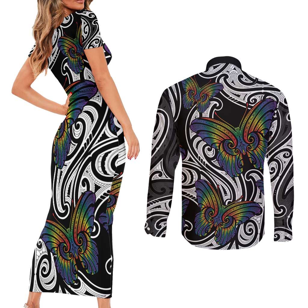 Aotearoa Takatapui Pride Couples Matching Short Sleeve Bodycon Dress and Long Sleeve Button Shirt Rainbow Butterfly - Free To Love LT7 - Polynesian Pride