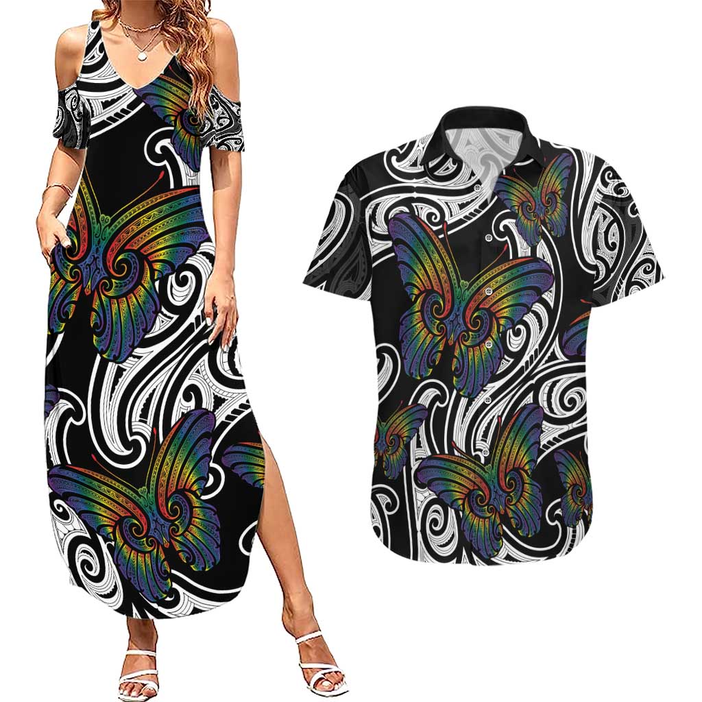 Aotearoa Takatapui Pride Couples Matching Summer Maxi Dress and Hawaiian Shirt Rainbow Butterfly - Free To Love LT7 Black - Polynesian Pride