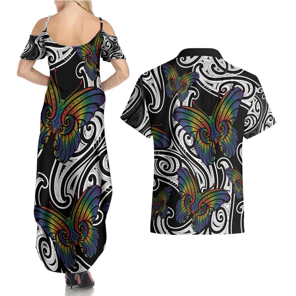 Aotearoa Takatapui Pride Couples Matching Summer Maxi Dress and Hawaiian Shirt Rainbow Butterfly - Free To Love LT7 - Polynesian Pride