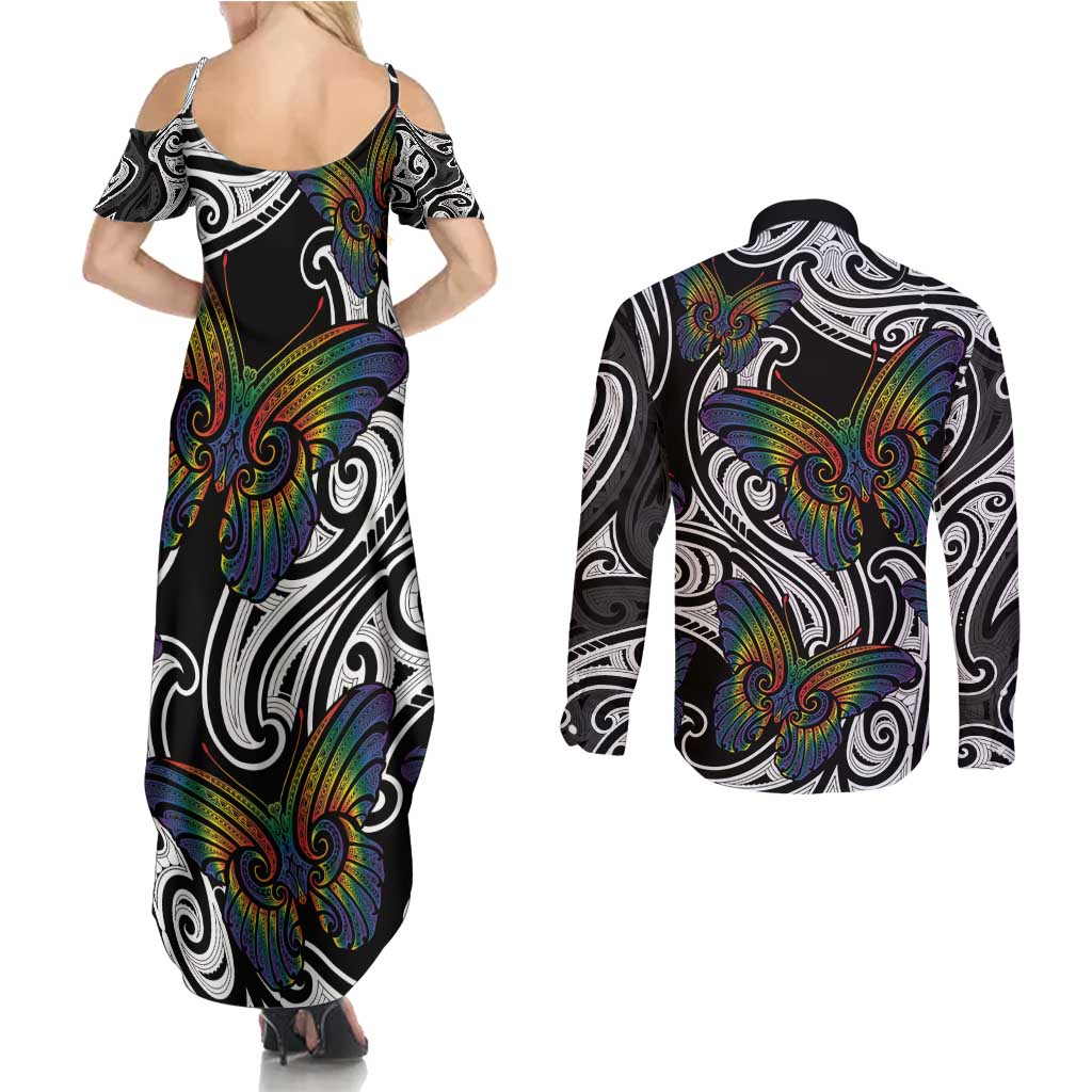 Aotearoa Takatapui Pride Couples Matching Summer Maxi Dress and Long Sleeve Button Shirt Rainbow Butterfly - Free To Love LT7 - Polynesian Pride
