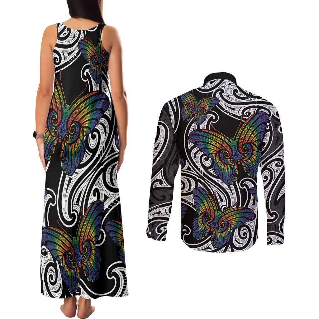 Aotearoa Takatapui Pride Couples Matching Tank Maxi Dress and Long Sleeve Button Shirt Rainbow Butterfly - Free To Love LT7 - Polynesian Pride