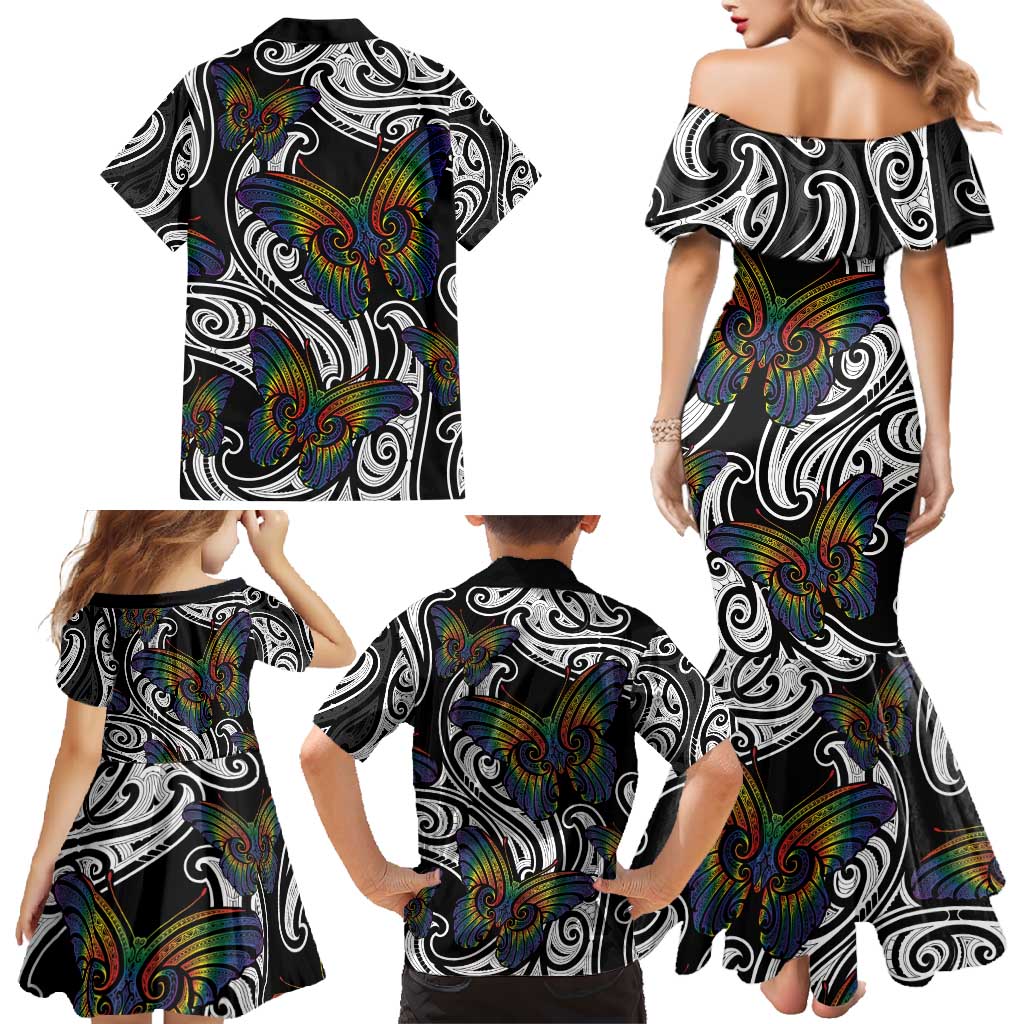Aotearoa Takatapui Pride Family Matching Mermaid Dress and Hawaiian Shirt Rainbow Butterfly - Free To Love LT7 - Polynesian Pride