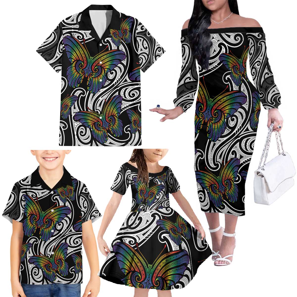 Aotearoa Takatapui Pride Family Matching Off The Shoulder Long Sleeve Dress and Hawaiian Shirt Rainbow Butterfly - Free To Love LT7 - Polynesian Pride