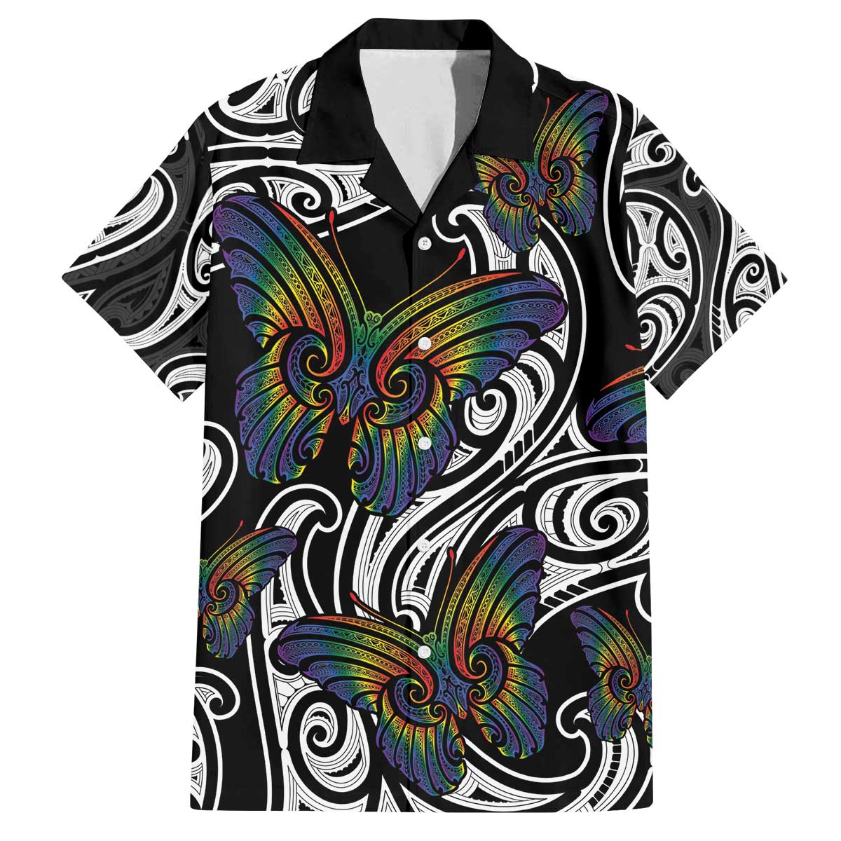 Aotearoa Takatapui Pride Family Matching Off The Shoulder Long Sleeve Dress and Hawaiian Shirt Rainbow Butterfly - Free To Love LT7 Dad's Shirt - Short Sleeve Black - Polynesian Pride