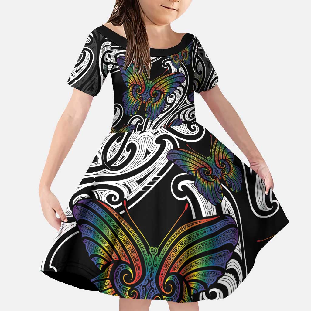 Aotearoa Takatapui Pride Family Matching Off Shoulder Maxi Dress and Hawaiian Shirt Rainbow Butterfly - Free To Love LT7 Daughter's Dress Black - Polynesian Pride