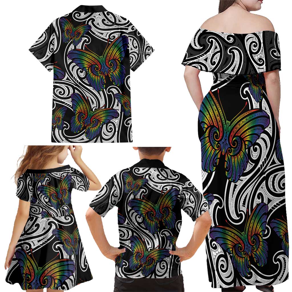 Aotearoa Takatapui Pride Family Matching Off Shoulder Maxi Dress and Hawaiian Shirt Rainbow Butterfly - Free To Love LT7 - Polynesian Pride