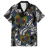 Aotearoa Takatapui Pride Family Matching Off Shoulder Short Dress and Hawaiian Shirt Rainbow Butterfly - Free To Love LT7 Dad's Shirt - Short Sleeve Black - Polynesian Pride