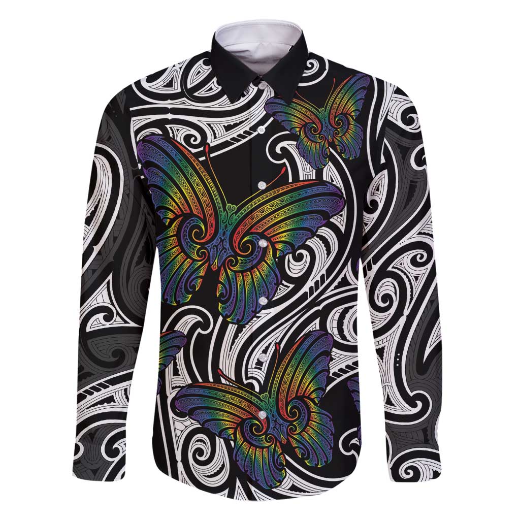 Aotearoa Takatapui Pride Family Matching Off Shoulder Short Dress and Hawaiian Shirt Rainbow Butterfly - Free To Love LT7 Dad's Shirt - Long Sleeve Black - Polynesian Pride