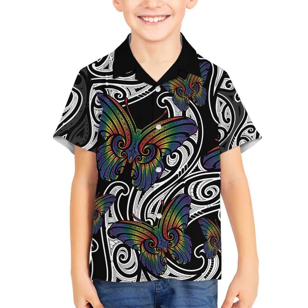 Aotearoa Takatapui Pride Family Matching Off Shoulder Short Dress and Hawaiian Shirt Rainbow Butterfly - Free To Love LT7 Son's Shirt Black - Polynesian Pride