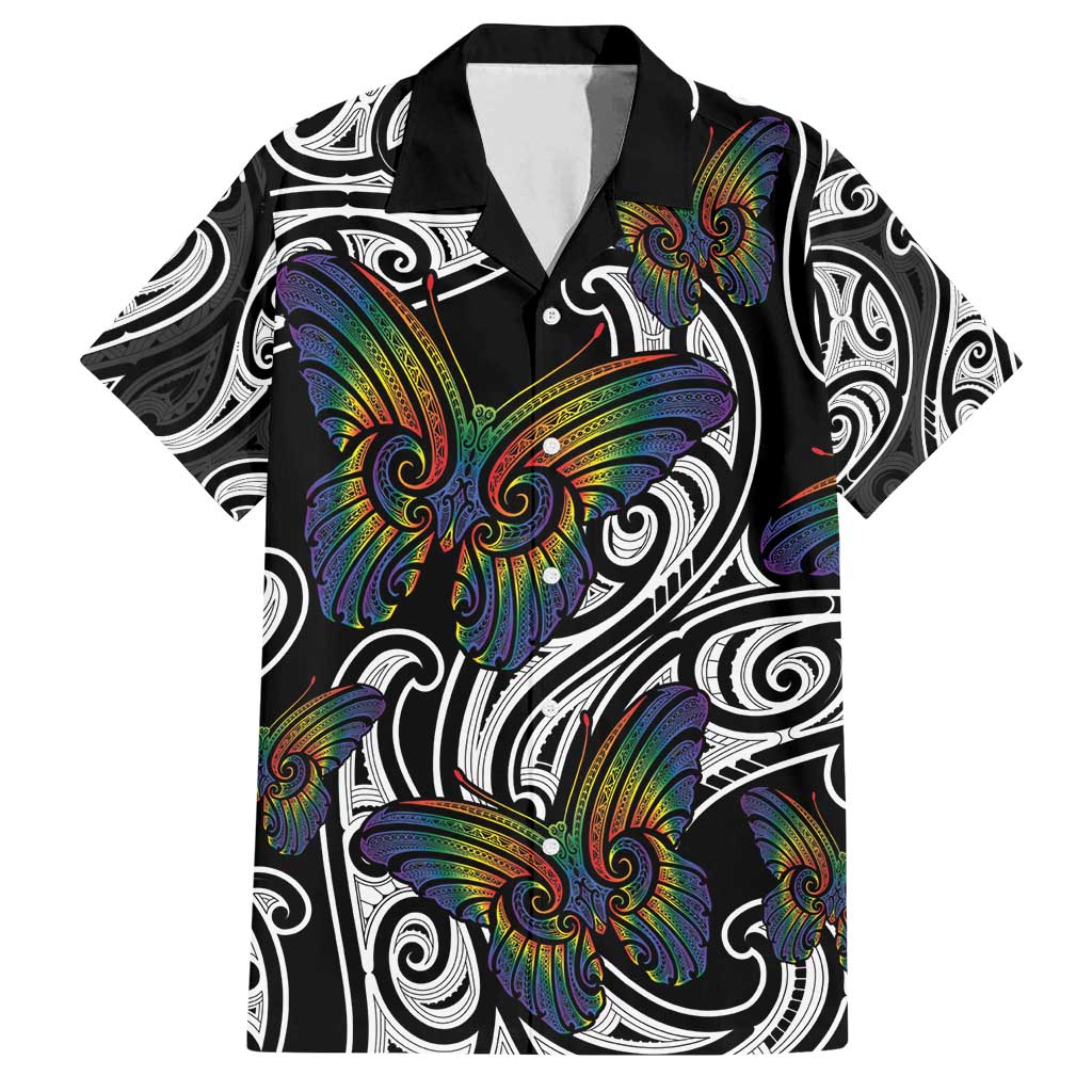 Aotearoa Takatapui Pride Family Matching Puletasi and Hawaiian Shirt Rainbow Butterfly - Free To Love LT7 Dad's Shirt - Short Sleeve Black - Polynesian Pride