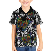 Aotearoa Takatapui Pride Family Matching Puletasi and Hawaiian Shirt Rainbow Butterfly - Free To Love LT7 Son's Shirt Black - Polynesian Pride