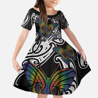 Aotearoa Takatapui Pride Family Matching Short Sleeve Bodycon Dress and Hawaiian Shirt Rainbow Butterfly - Free To Love LT7 Daughter's Dress Black - Polynesian Pride