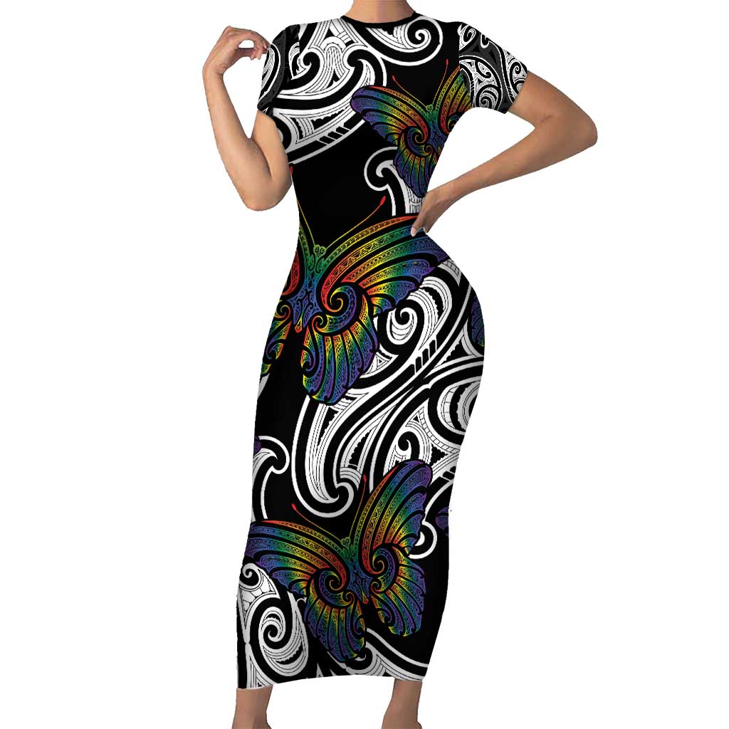 Aotearoa Takatapui Pride Family Matching Short Sleeve Bodycon Dress and Hawaiian Shirt Rainbow Butterfly - Free To Love LT7 Mom's Dress Black - Polynesian Pride