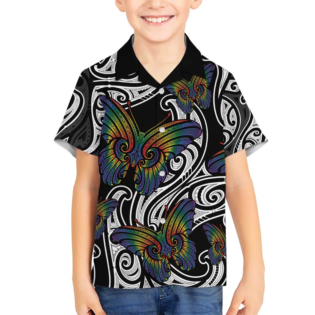 Aotearoa Takatapui Pride Family Matching Short Sleeve Bodycon Dress and Hawaiian Shirt Rainbow Butterfly - Free To Love LT7 Son's Shirt Black - Polynesian Pride