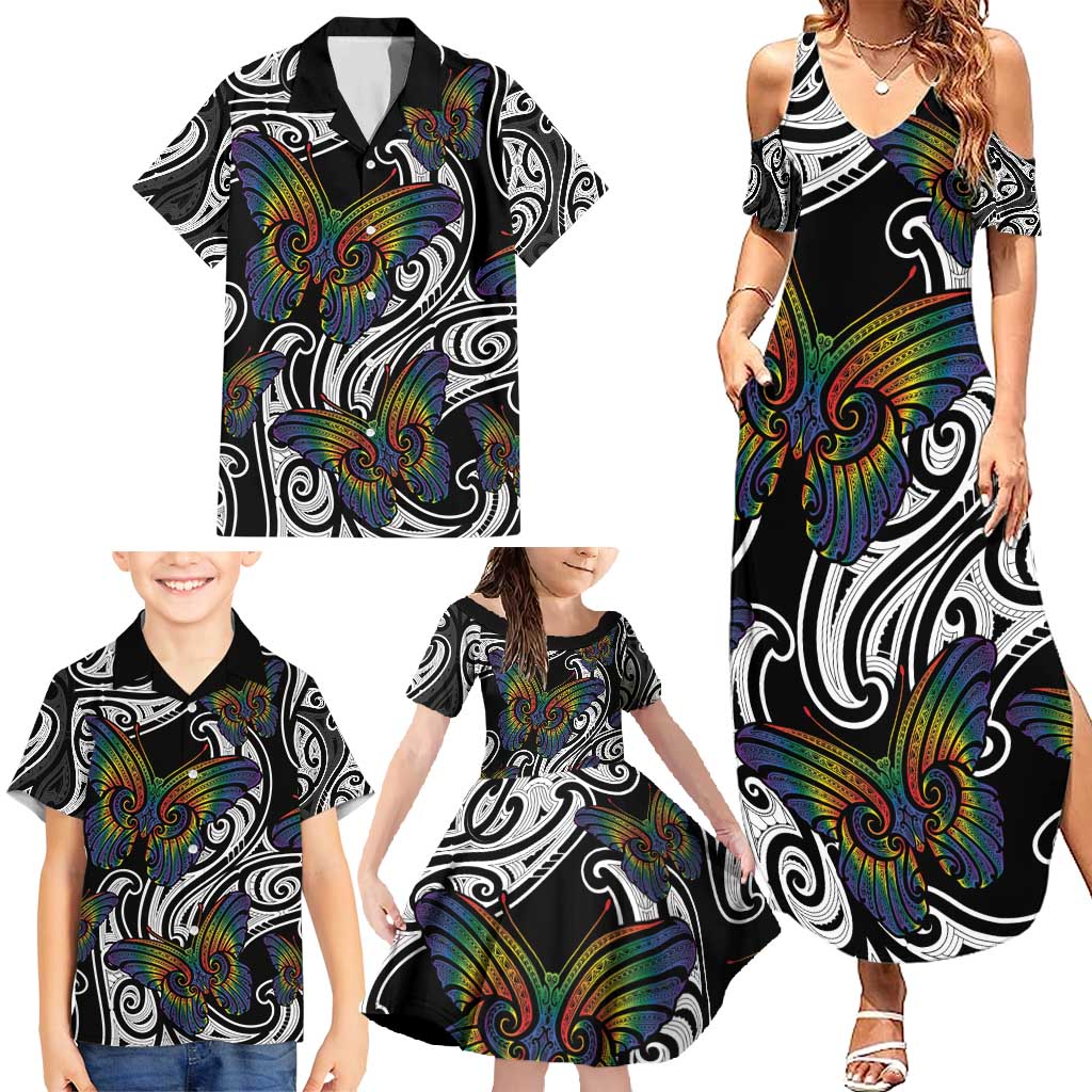 Aotearoa Takatapui Pride Family Matching Summer Maxi Dress and Hawaiian Shirt Rainbow Butterfly - Free To Love LT7 - Polynesian Pride