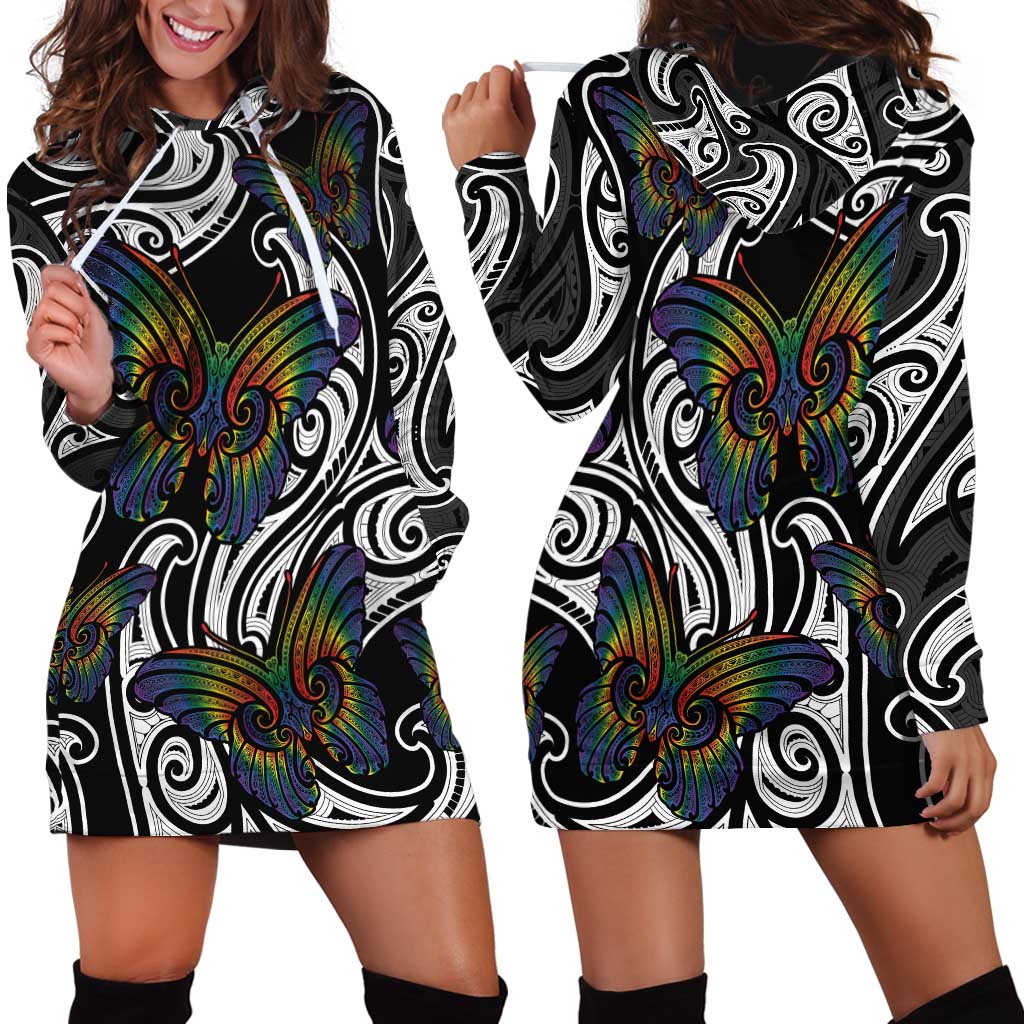 Aotearoa Takatapui Pride Hoodie Dress Rainbow Butterfly - Free To Love LT7 - Polynesian Pride