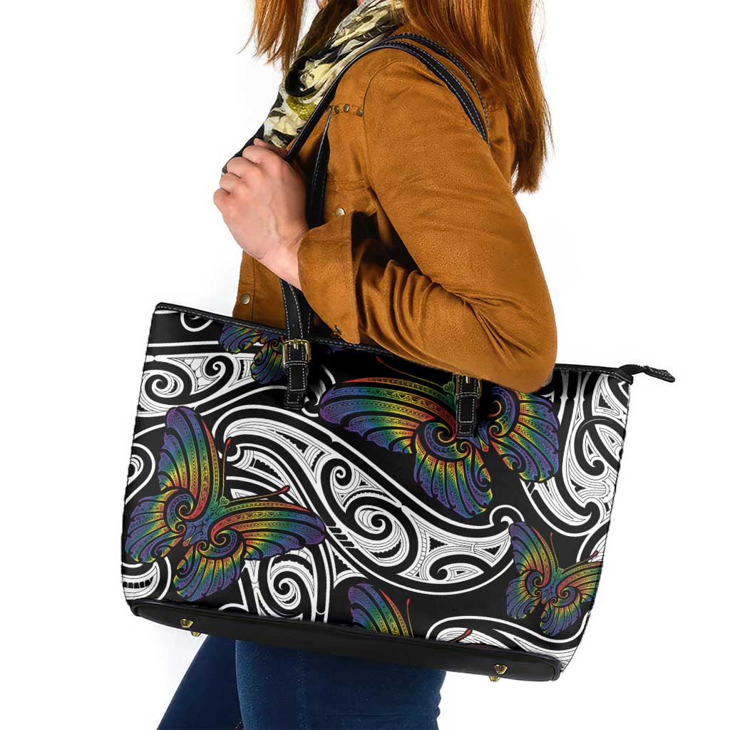 Aotearoa Takatapui Pride Leather Tote Bag Rainbow Butterfly - Free To Love LT7 Black - Polynesian Pride