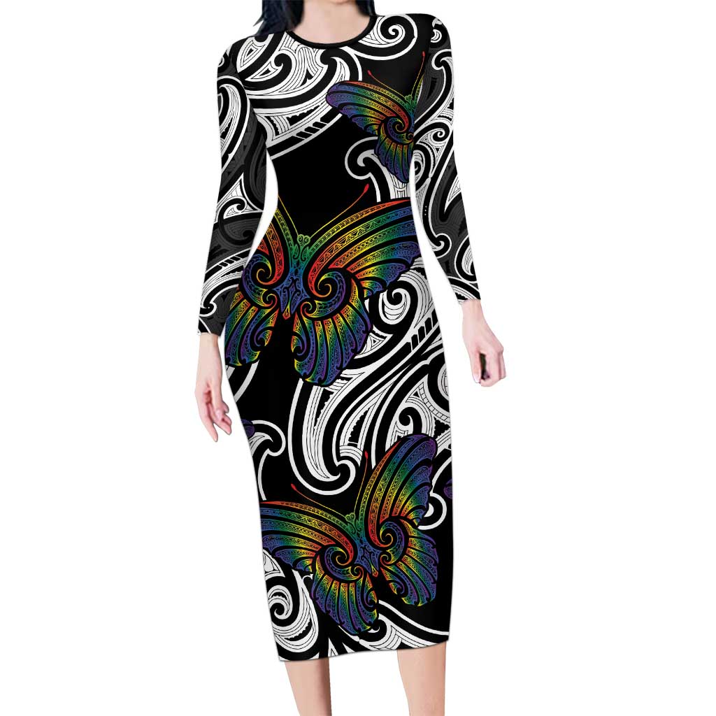 Aotearoa Takatapui Pride Long Sleeve Bodycon Dress Rainbow Butterfly - Free To Love LT7 Long Dress Black - Polynesian Pride