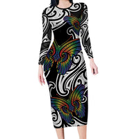 Aotearoa Takatapui Pride Long Sleeve Bodycon Dress Rainbow Butterfly - Free To Love LT7 Long Dress Black - Polynesian Pride