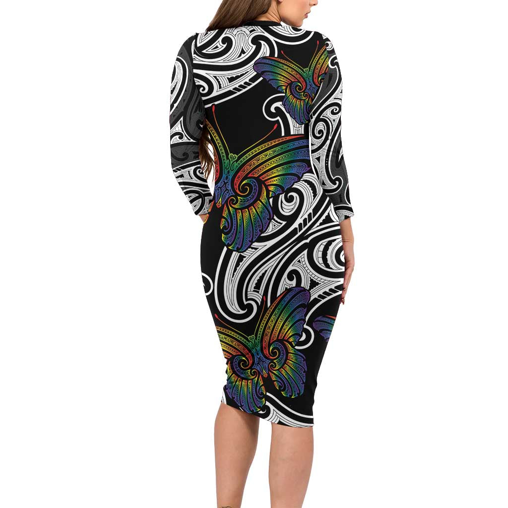 Aotearoa Takatapui Pride Long Sleeve Bodycon Dress Rainbow Butterfly - Free To Love LT7 - Polynesian Pride