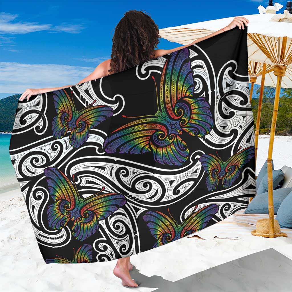 Aotearoa Takatapui Pride Sarong Rainbow Butterfly - Free To Love LT7 One Size 44 x 66 inches Black - Polynesian Pride