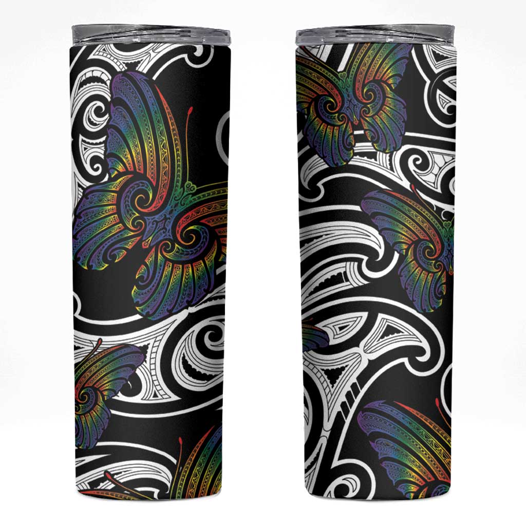 Aotearoa Takatapui Pride Skinny Tumbler Rainbow Butterfly - Free To Love LT7 Black - Polynesian Pride