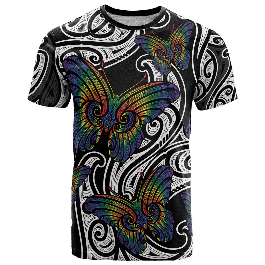 Aotearoa Takatapui Pride T Shirt Rainbow Butterfly - Free To Love LT7 Black - Polynesian Pride