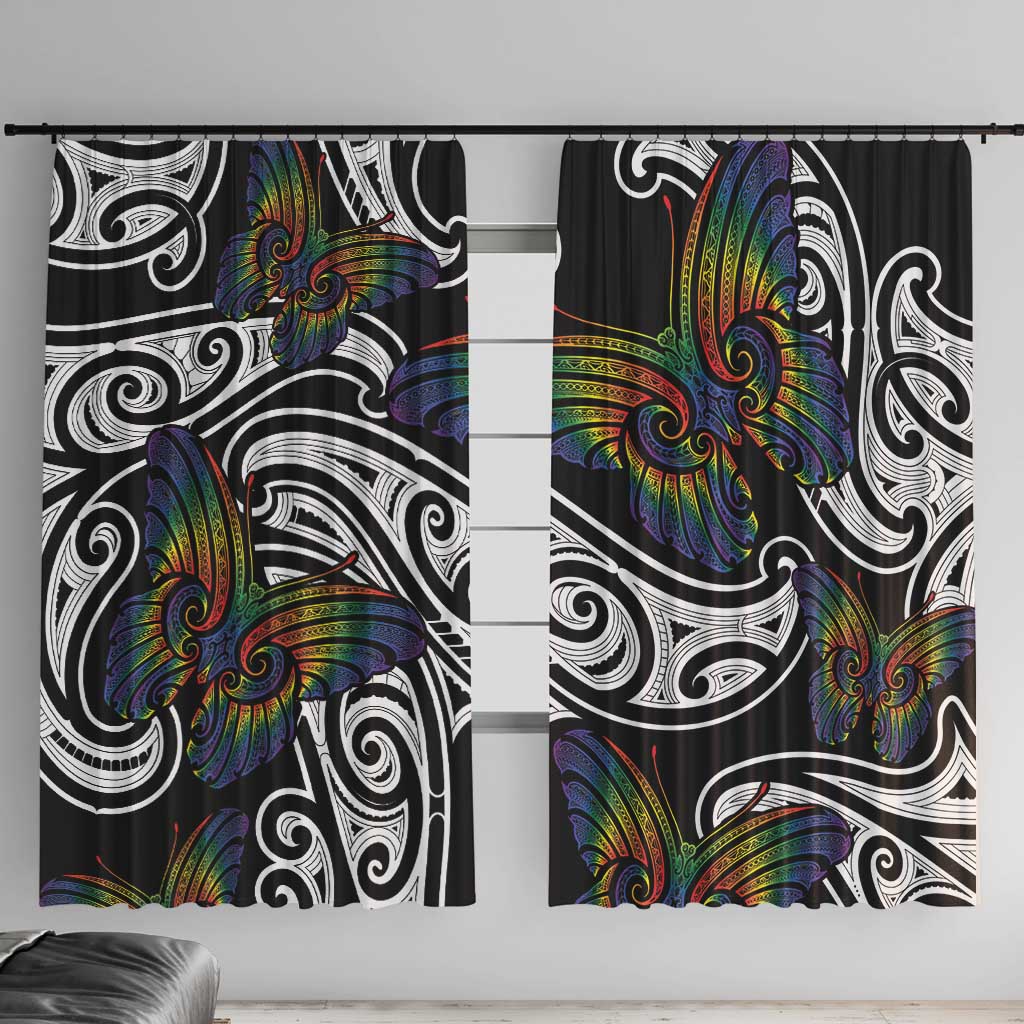 Aotearoa Takatapui Pride Window Curtain Rainbow Butterfly - Free To Love LT7 With Hooks Black - Polynesian Pride
