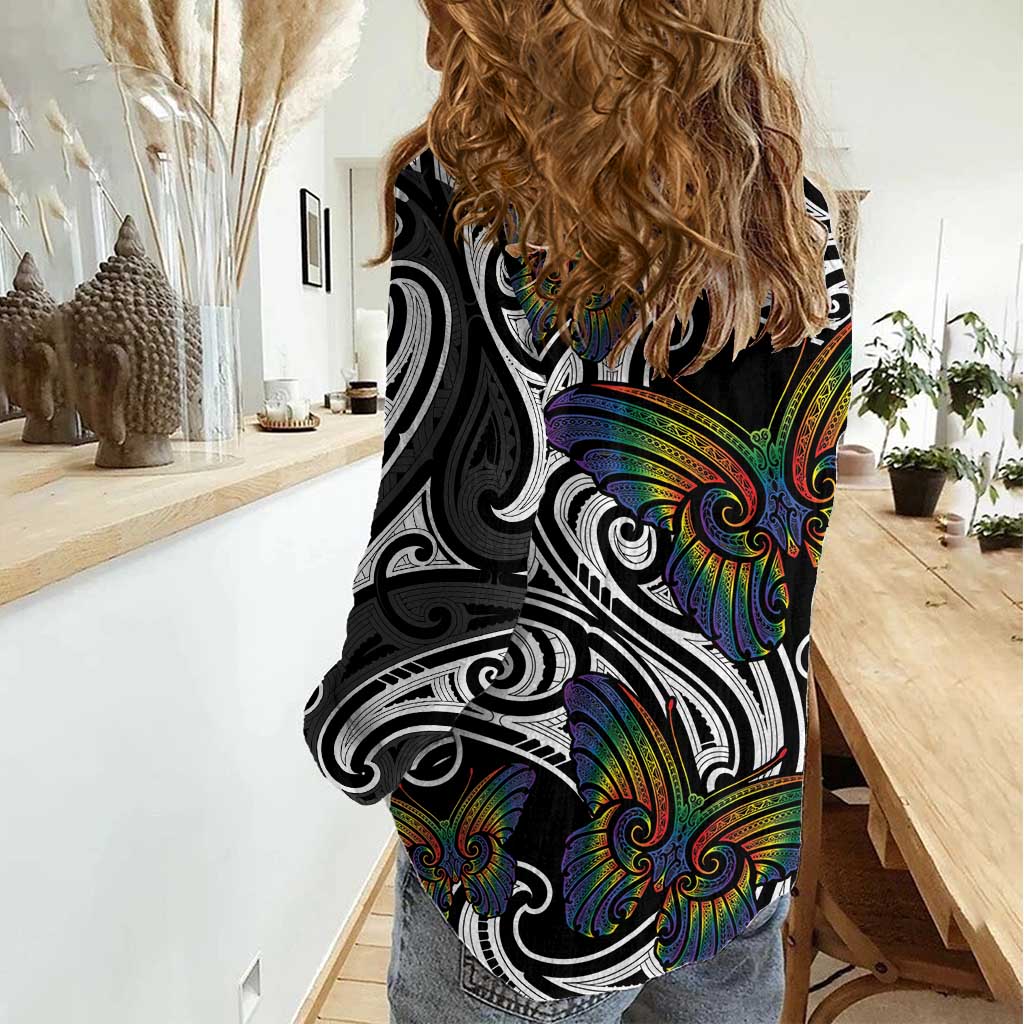 Aotearoa Takatapui Pride Women Casual Shirt Rainbow Butterfly - Free To Love LT7 - Polynesian Pride
