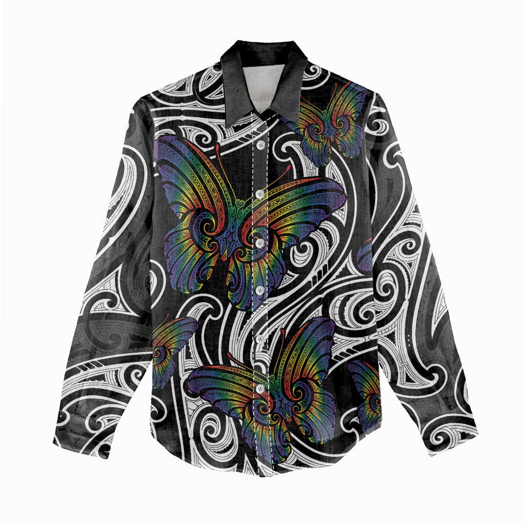 Aotearoa Takatapui Pride Women Casual Shirt Rainbow Butterfly - Free To Love LT7 - Polynesian Pride