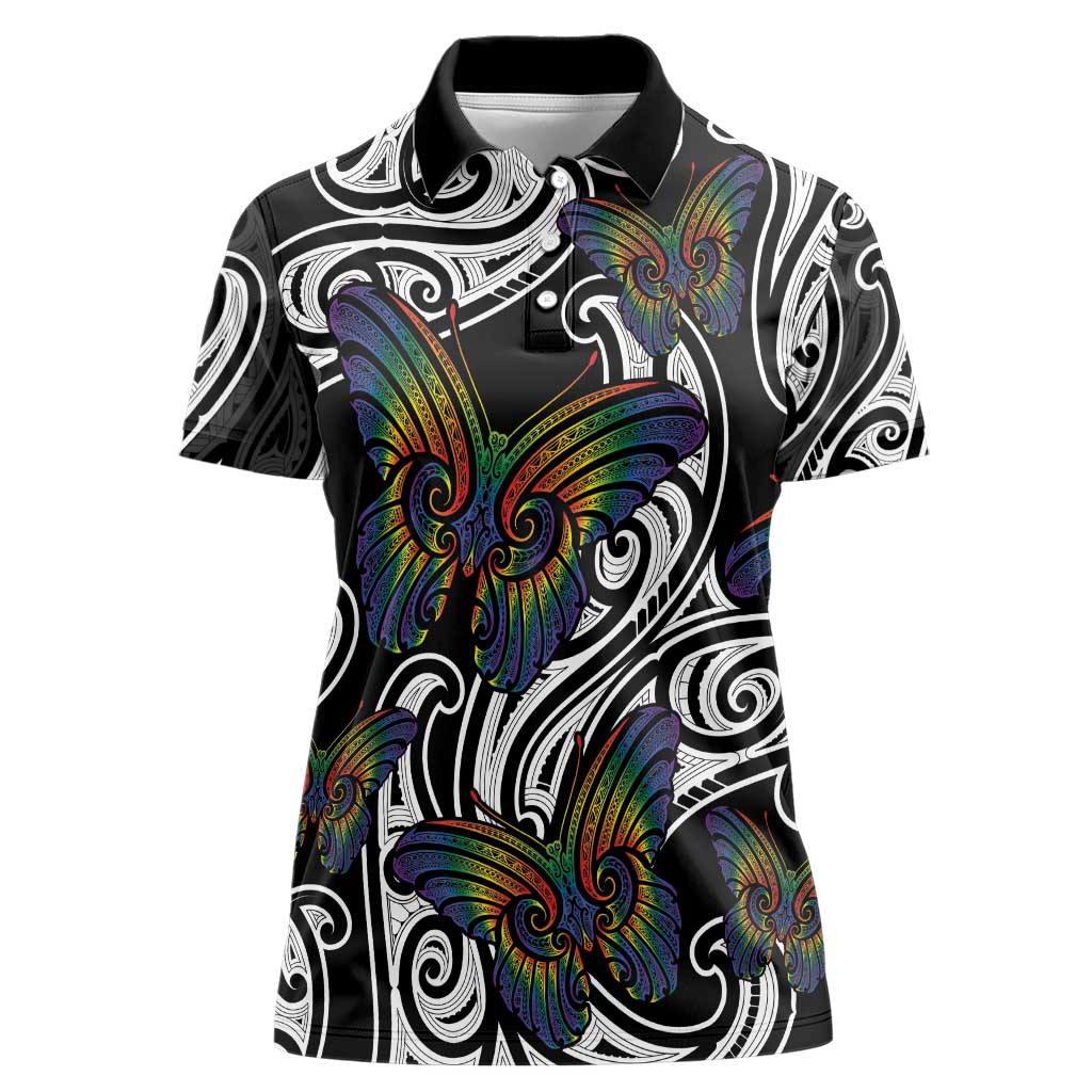 Aotearoa Takatapui Pride Women Polo Shirt Rainbow Butterfly - Free To Love LT7 Female Black - Polynesian Pride