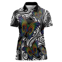 Aotearoa Takatapui Pride Women Polo Shirt Rainbow Butterfly - Free To Love LT7 Female Black - Polynesian Pride