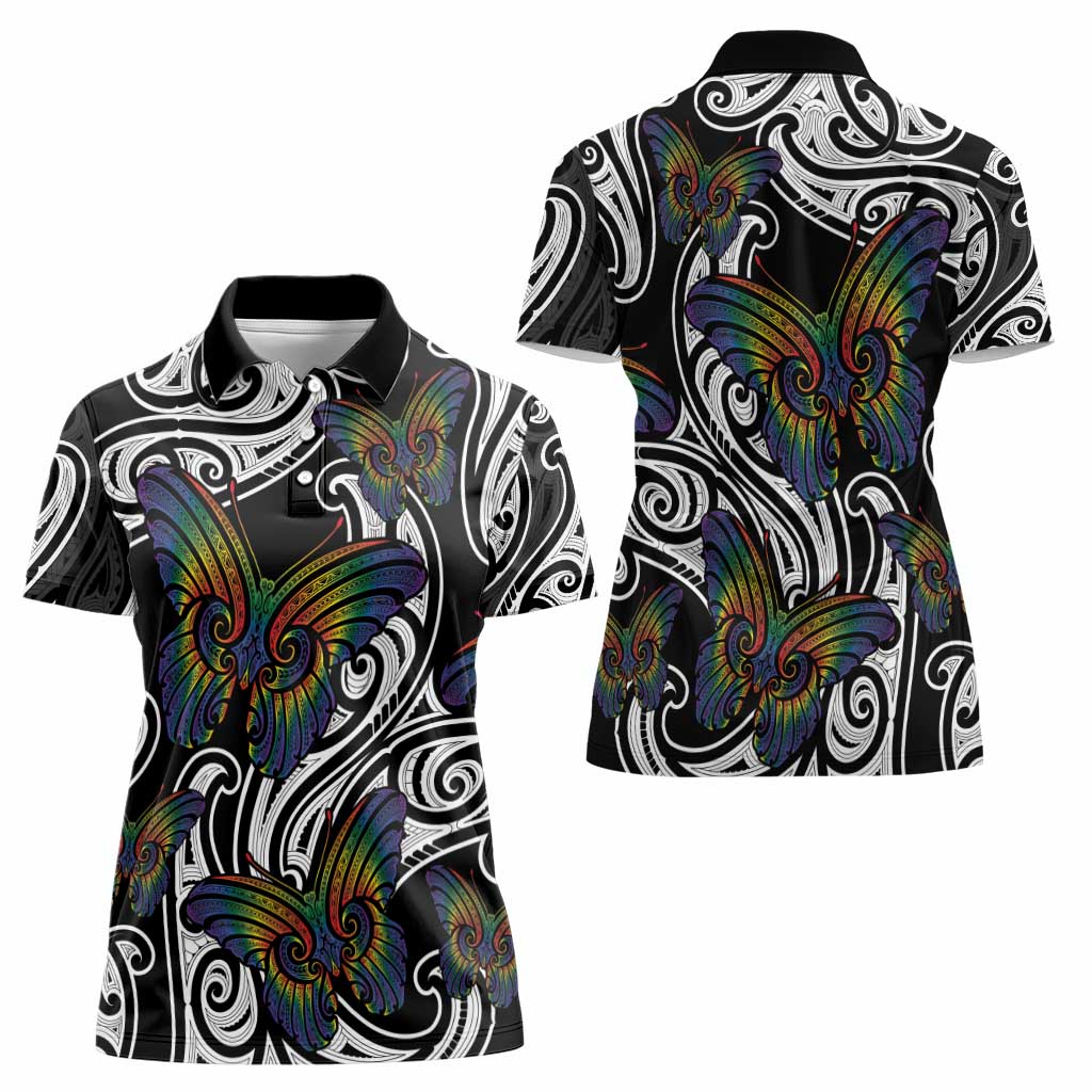 Aotearoa Takatapui Pride Women Polo Shirt Rainbow Butterfly - Free To Love LT7 - Polynesian Pride