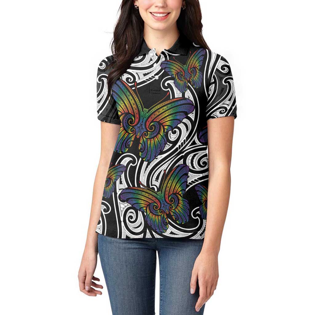 Aotearoa Takatapui Pride Women Polo Shirt Rainbow Butterfly - Free To Love LT7 - Polynesian Pride