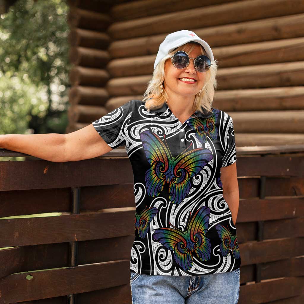 Aotearoa Takatapui Pride Women Polo Shirt Rainbow Butterfly - Free To Love LT7 - Polynesian Pride