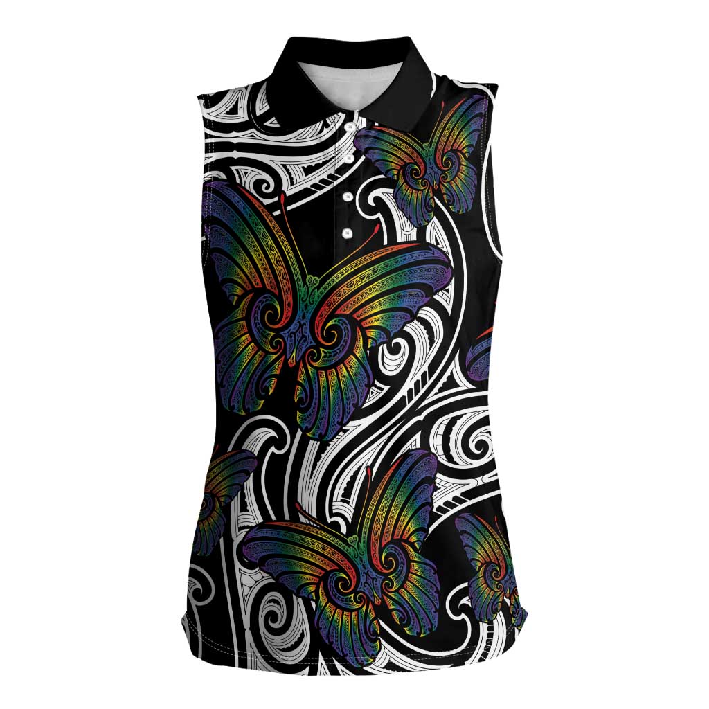 Aotearoa Takatapui Pride Women Sleeveless Polo Shirt Rainbow Butterfly - Free To Love LT7 Female Black - Polynesian Pride