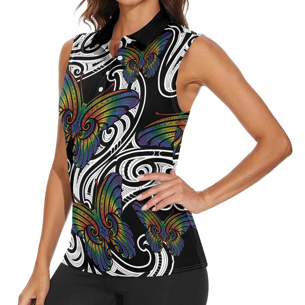 Aotearoa Takatapui Pride Women Sleeveless Polo Shirt Rainbow Butterfly - Free To Love LT7 - Polynesian Pride