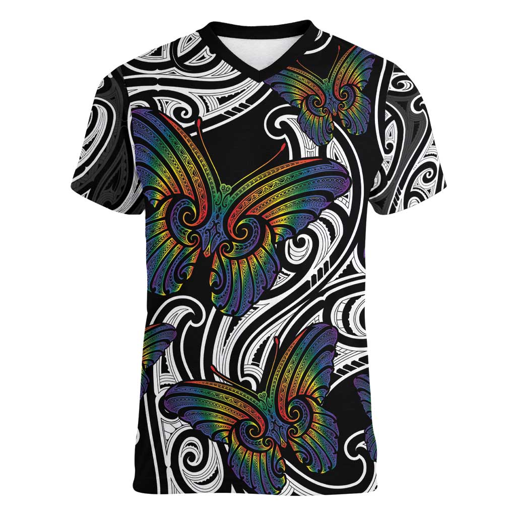 Aotearoa Takatapui Pride Women V-Neck T-Shirt Rainbow Butterfly - Free To Love LT7 Female Black - Polynesian Pride