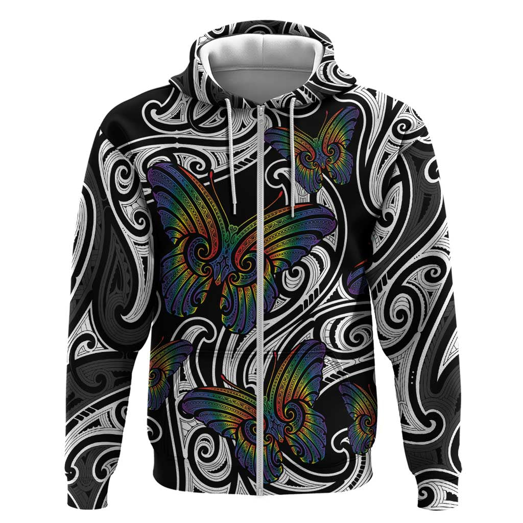 Aotearoa Takatapui Pride Zip Hoodie Rainbow Butterfly - Free To Love LT7 Zip Hoodie Black - Polynesian Pride