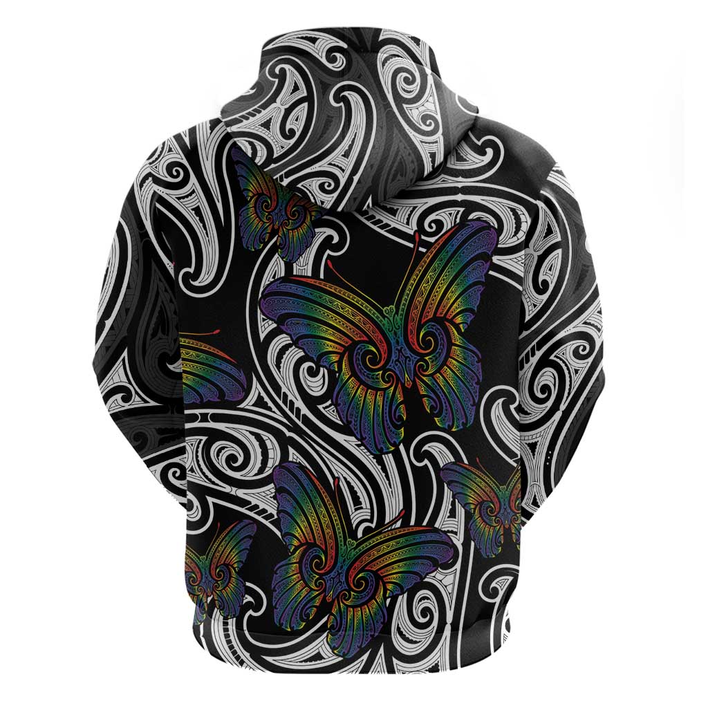 Aotearoa Takatapui Pride Zip Hoodie Rainbow Butterfly - Free To Love LT7 - Polynesian Pride