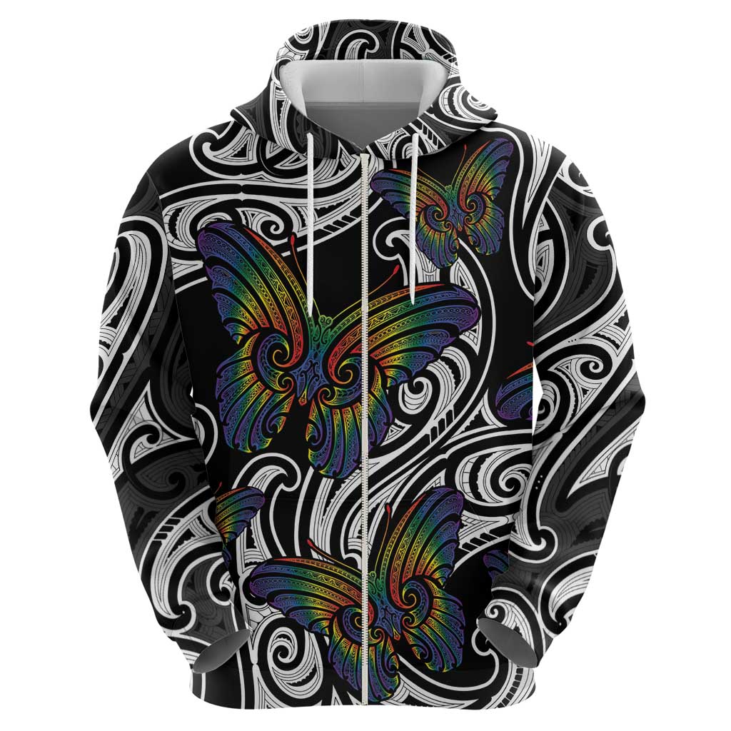 Aotearoa Takatapui Pride Zip Hoodie Rainbow Butterfly - Free To Love LT7 - Polynesian Pride