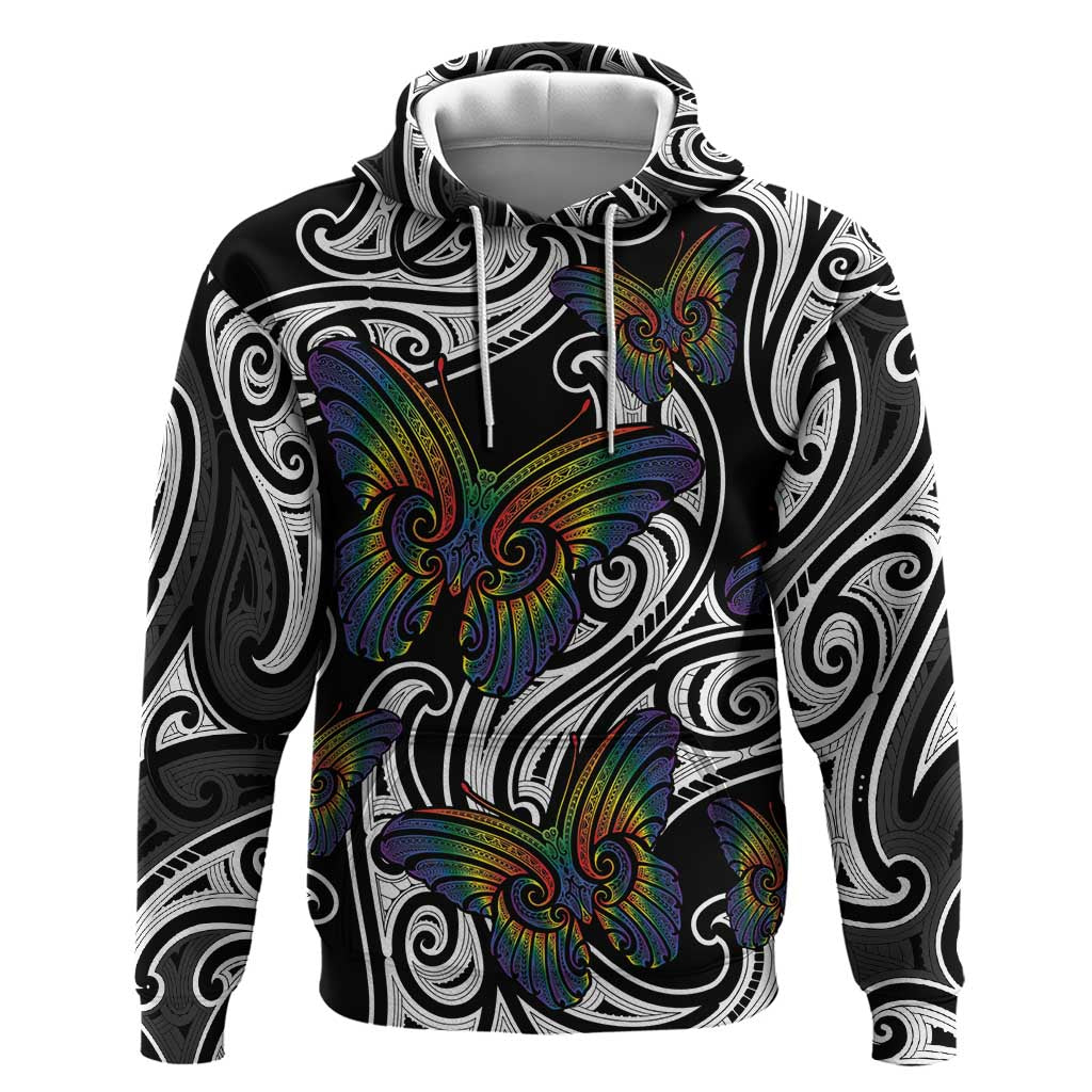 Aotearoa Takatapui Pride Zip Hoodie Rainbow Butterfly - Free To Love LT7 Pullover Hoodie Black - Polynesian Pride