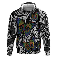 Aotearoa Takatapui Pride Zip Hoodie Rainbow Butterfly - Free To Love LT7 Pullover Hoodie Black - Polynesian Pride