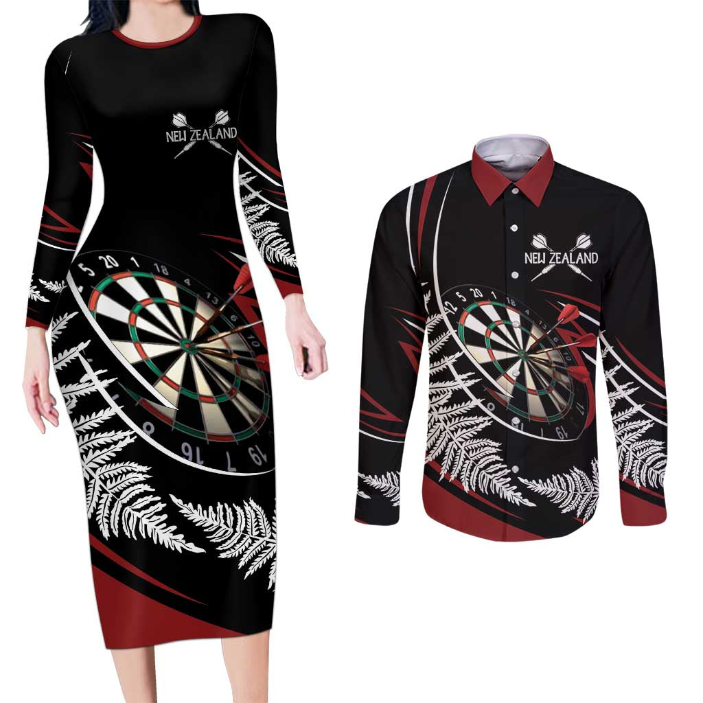 New Zealand Darts Personalised Couples Matching Long Sleeve Bodycon Dress and Long Sleeve Button Shirt Silver Fern Dynamic LT7 Red - Polynesian Pride