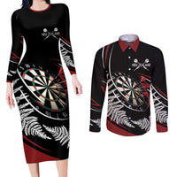 New Zealand Darts Personalised Couples Matching Long Sleeve Bodycon Dress and Long Sleeve Button Shirt Silver Fern Dynamic LT7 Red - Polynesian Pride