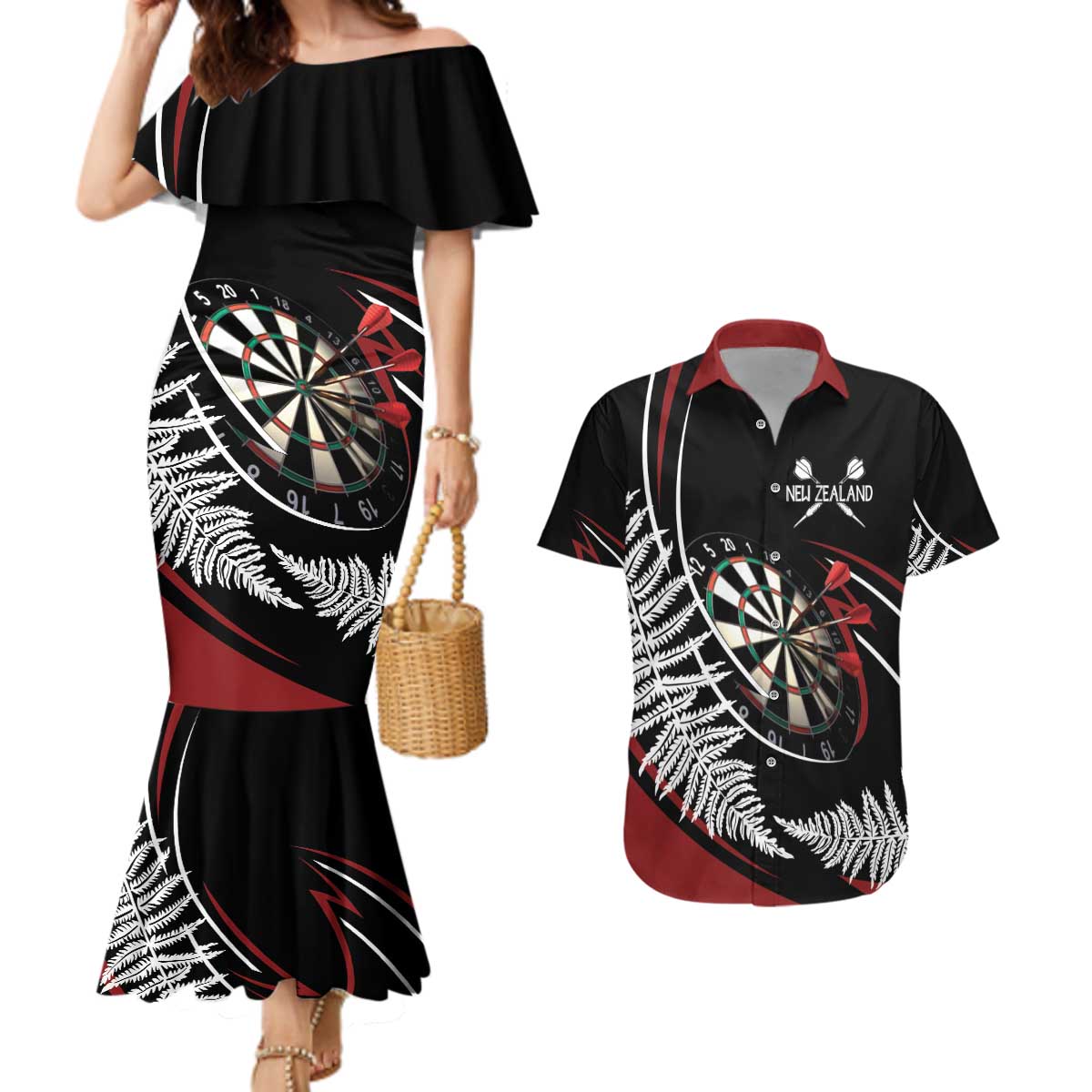 New Zealand Darts Personalised Couples Matching Mermaid Dress and Hawaiian Shirt Silver Fern Dynamic LT7 Red - Polynesian Pride