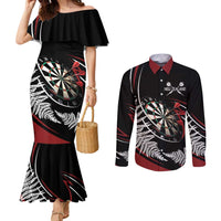 New Zealand Darts Personalised Couples Matching Mermaid Dress and Long Sleeve Button Shirt Silver Fern Dynamic LT7 Red - Polynesian Pride