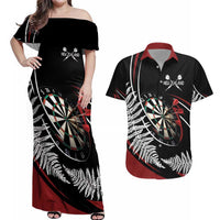 New Zealand Darts Personalised Couples Matching Off Shoulder Maxi Dress and Hawaiian Shirt Silver Fern Dynamic LT7 Red - Polynesian Pride