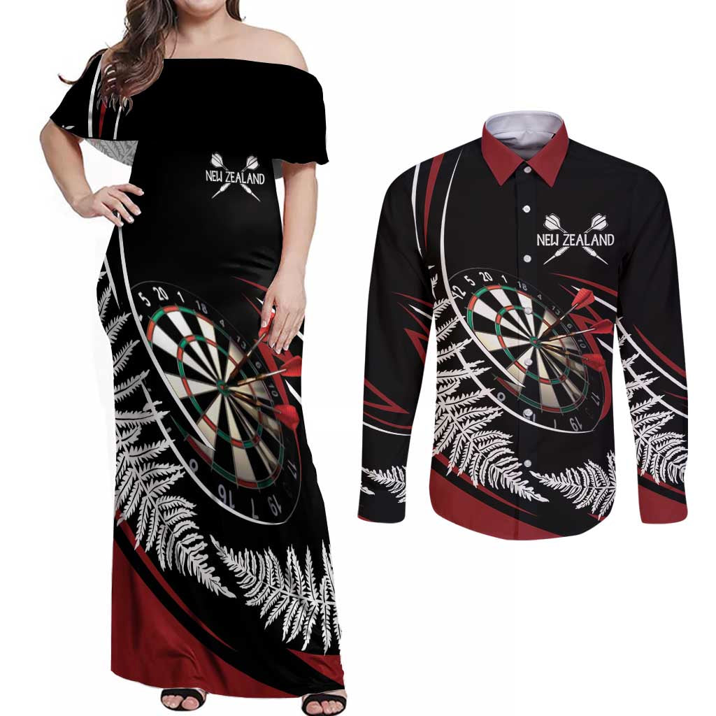 New Zealand Darts Personalised Couples Matching Off Shoulder Maxi Dress and Long Sleeve Button Shirt Silver Fern Dynamic LT7 Red - Polynesian Pride